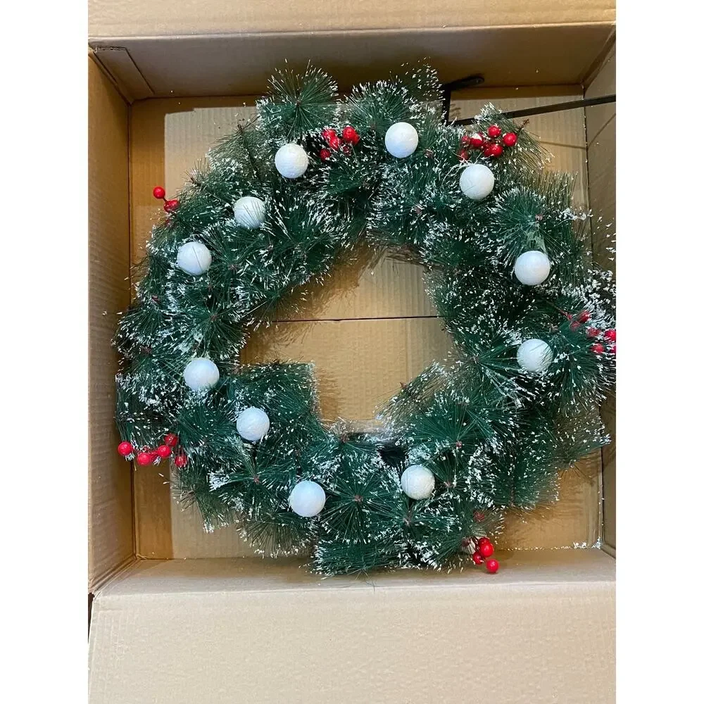 Large 24 inch Christmas Wreath With Lights Pine Needles With Hanger NIB